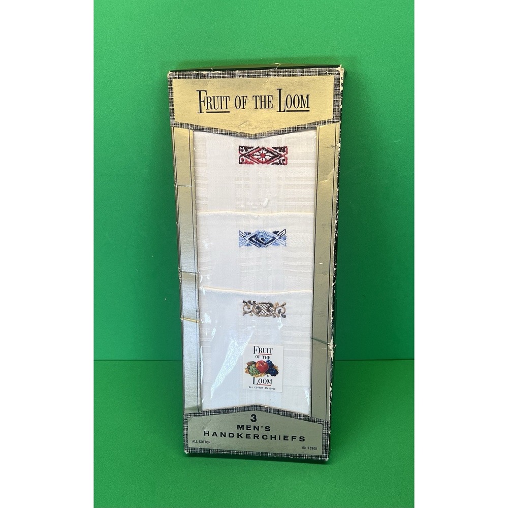 3 Vintage‎ Fruit Of The Loom Handkerchiefs All Cotton Embroidered New In Box